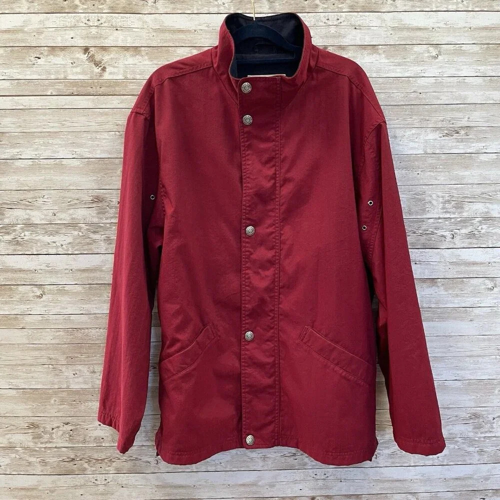 Eddie Bauer Mens‎ S Jacket Red Canvas Coat Navy Lined Full Zipper & Snap Closure